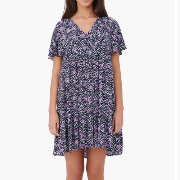 Maje Risee Floral Purple Oversized Flutter Sleeve Mini Dress Size FR 38 (US 6) - Picture 9 of 15
